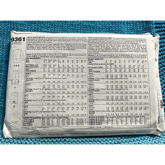 Simplicity 9361 Sewing pattern jacket vest 1990s size 18 20 22 - Picture 3 of 5